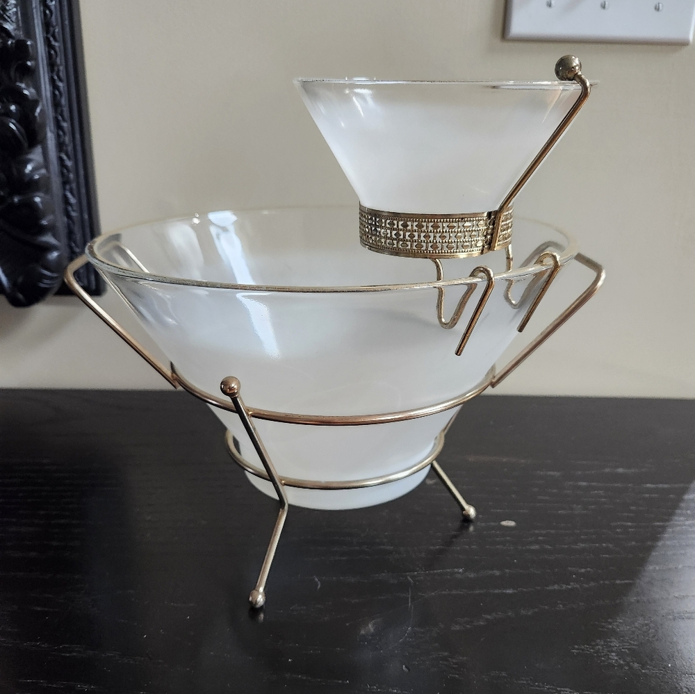 Retro Chip and Dip Set Capri Federal Glass Vintage White Frosted Glass